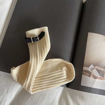 Plain Buckled Socks - Almond / One Size