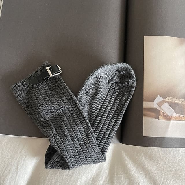 Plain Buckled Socks - Dark Gray / One Size