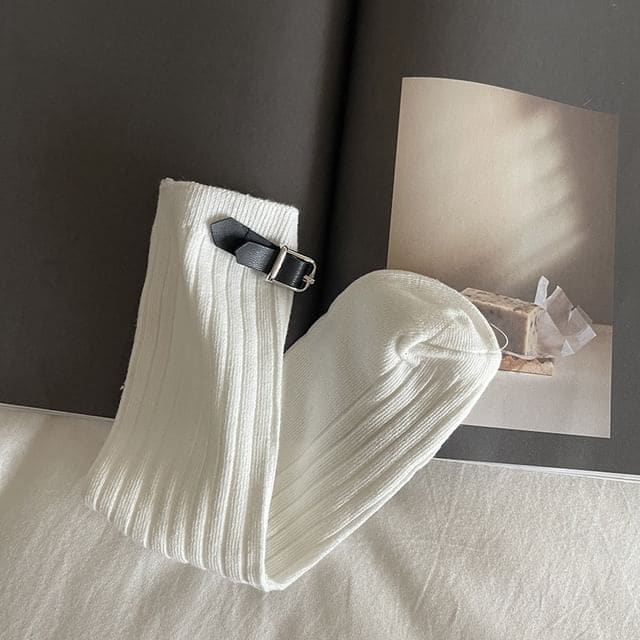 Plain Buckled Socks - White / One Size