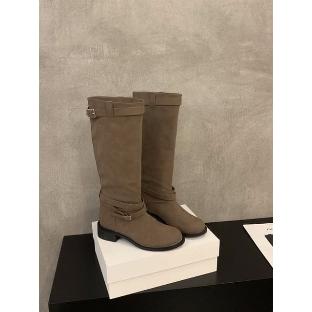 Plain Buckled Tall Boots - LA1199-36 - Brown / 35