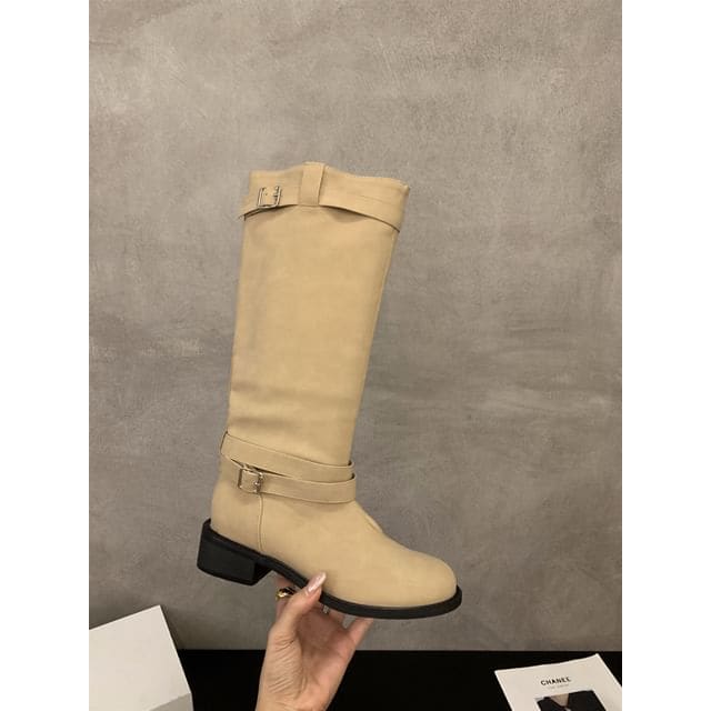 Plain Buckled Tall Boots - LA1199-36 - Khaki / 35