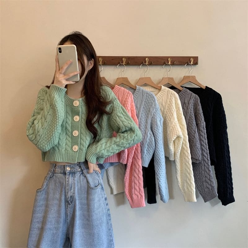 Plain Cable-Knit Cropped Cardigan