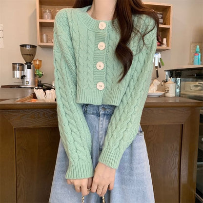 Plain Cable-Knit Cropped Cardigan