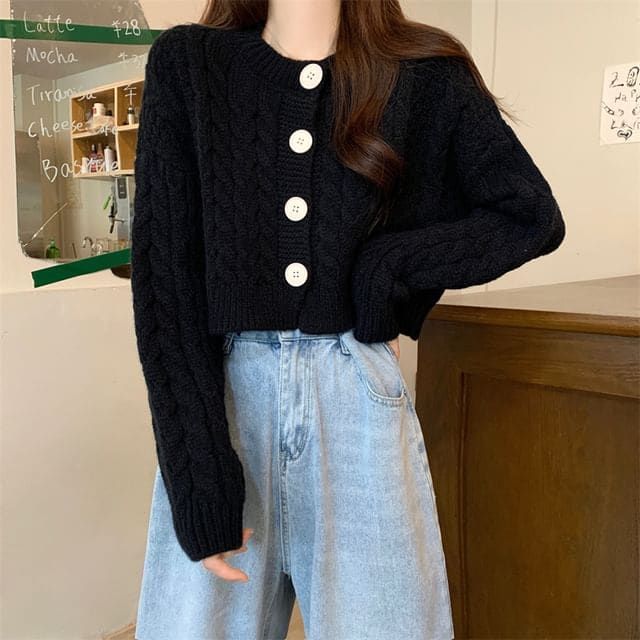 Plain Cable-Knit Cropped Cardigan - Black / One Size