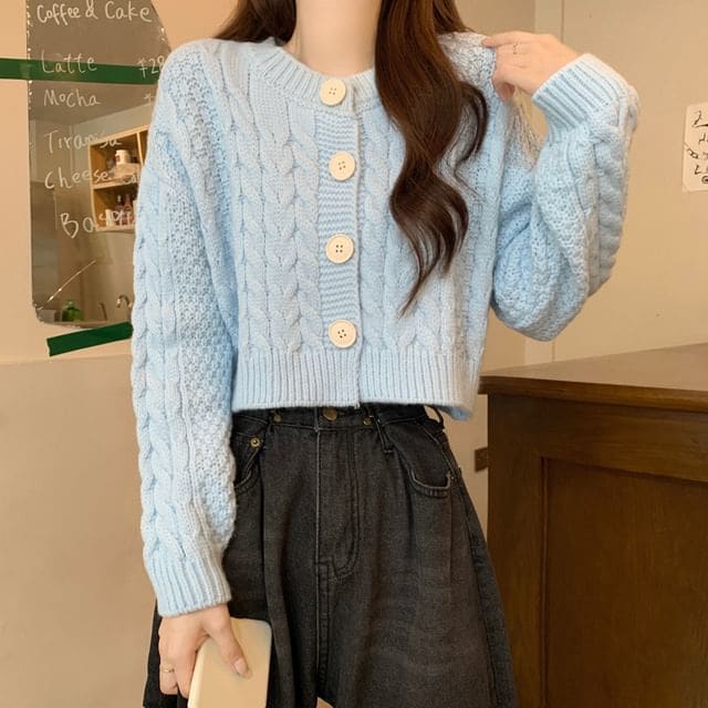 Plain Cable-Knit Cropped Cardigan - Blue / One Size