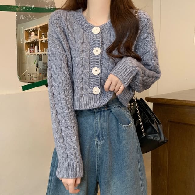 Plain Cable-Knit Cropped Cardigan - Gray / One Size