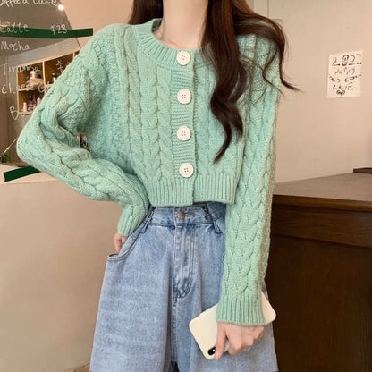 Plain Cable-Knit Cropped Cardigan - Green / One Size