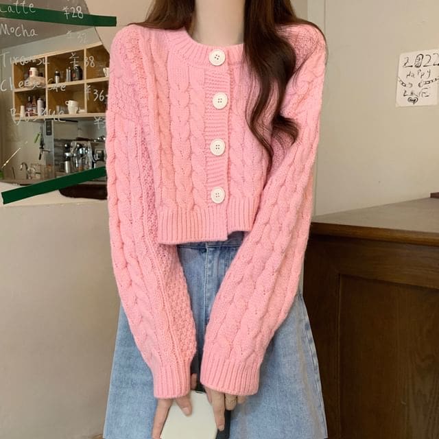 Plain Cable-Knit Cropped Cardigan - Pink / One Size