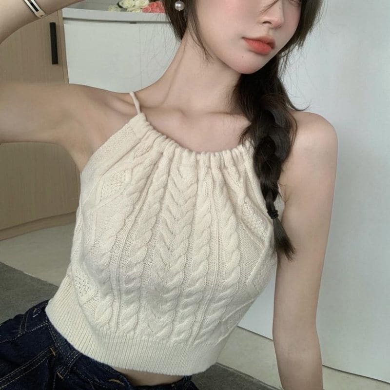 Plain Cable-Knit Cropped Halter Top