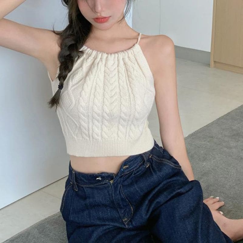 Plain Cable-Knit Cropped Halter Top