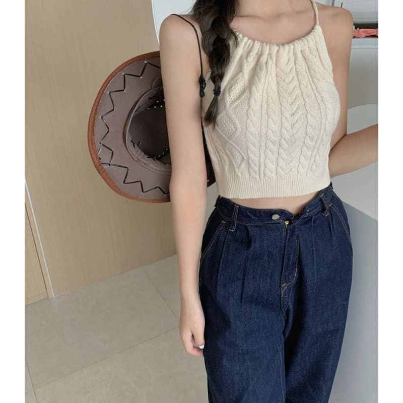 Plain Cable-Knit Cropped Halter Top