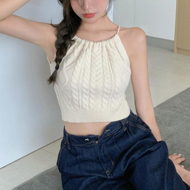 Plain Cable-Knit Cropped Halter Top