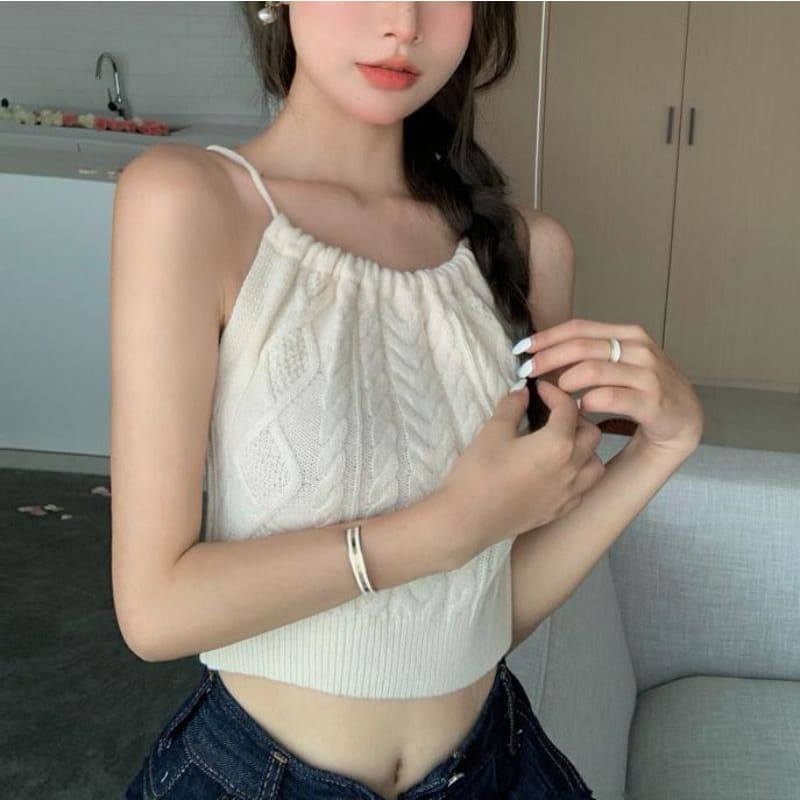 Plain Cable-Knit Cropped Halter Top