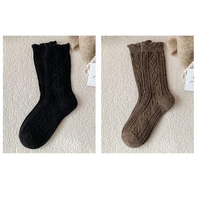 Plain Cable Knit Short Socks Set - 2 Pair - Black & Dark