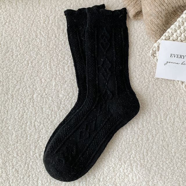 Plain Cable Knit Short Socks Set - 2 Pair - Black / One Size