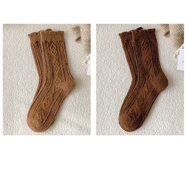 Plain Cable Knit Short Socks Set - 2 Pair - Brown & Dark