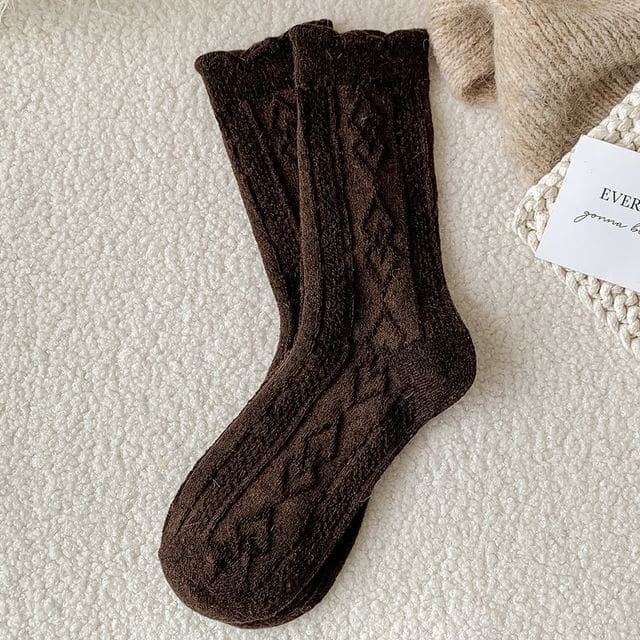 Plain Cable Knit Short Socks Set - 2 Pair - Dark Coffee