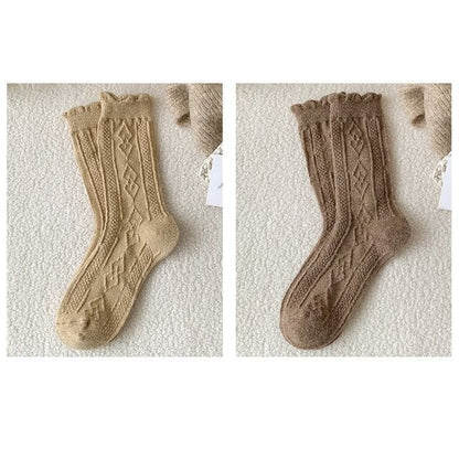 Plain Cable Knit Short Socks Set - 2 Pair - Khaki & Camel