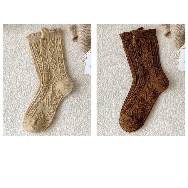 Plain Cable Knit Short Socks Set - 2 Pair - Khaki & Dark