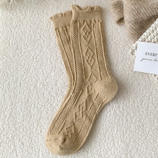 Plain Cable Knit Short Socks Set - 2 Pair - Khaki / One Size