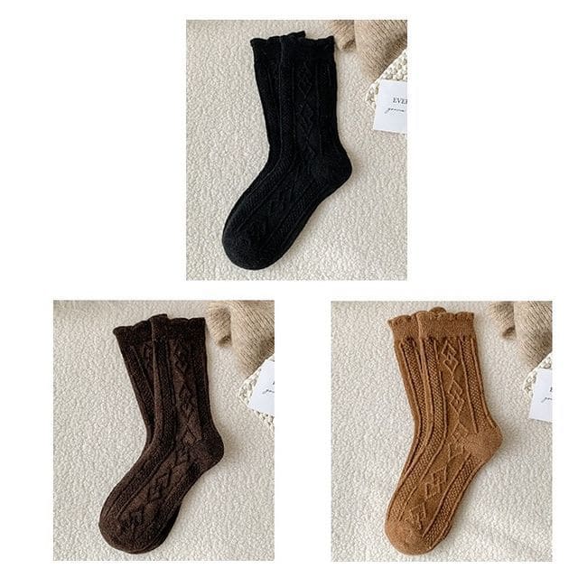 Plain Cable Knit Short Socks Set - 3 Pair - Black & Dark