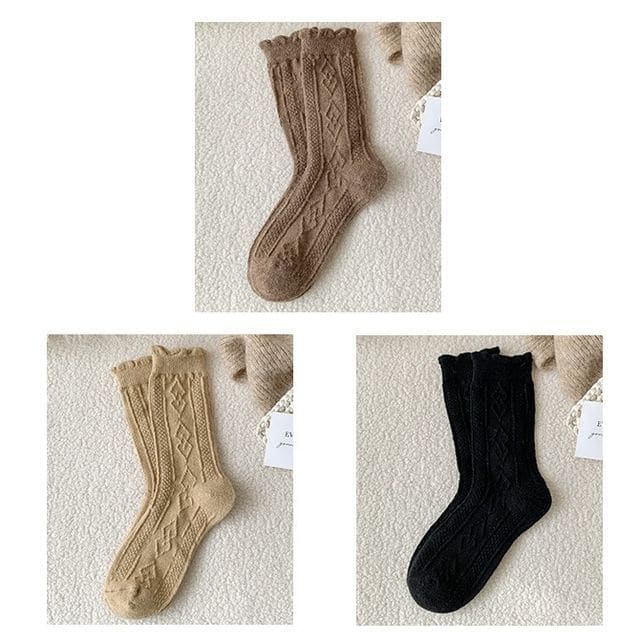 Plain Cable Knit Short Socks Set - 3 Pair - Camel & Khaki &