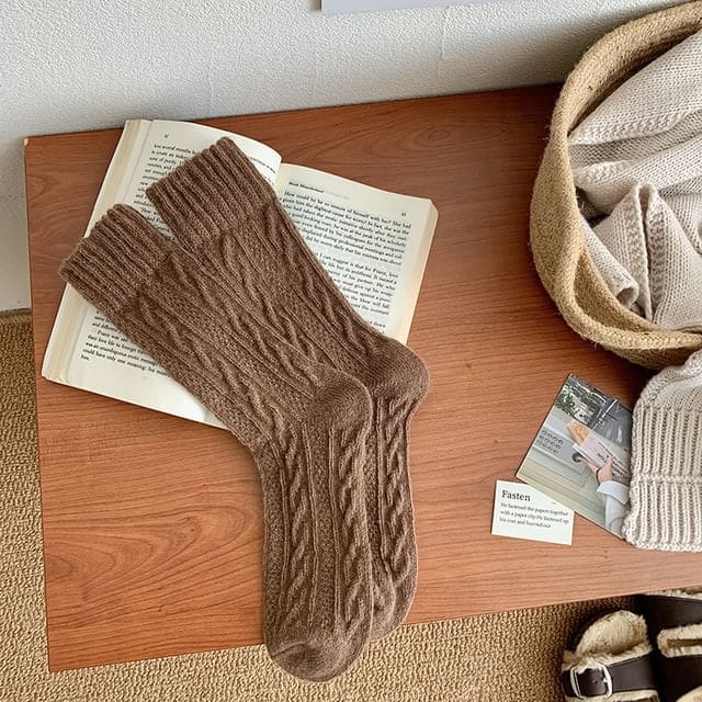 Plain Cable Knit Socks - Dark Brown / One Size