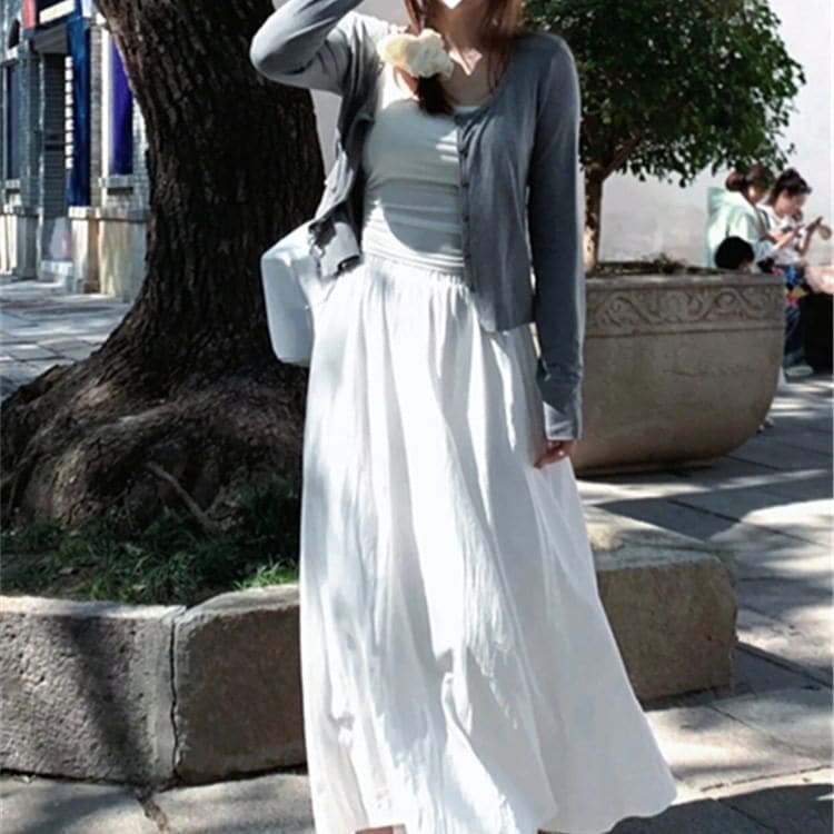 Plain Cardigan / Camisole Top / High Waist Maxi A-Line Skirt