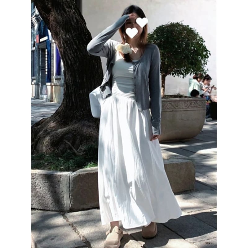 Plain Cardigan / Camisole Top / High Waist Maxi A-Line Skirt