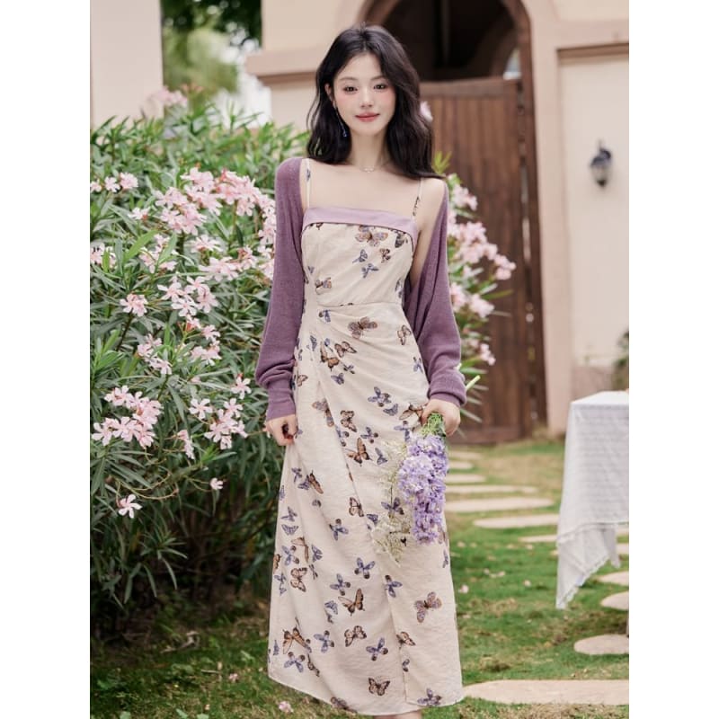 Plain Cardigan / Spaghetti Strap Butterfly Print Maxi