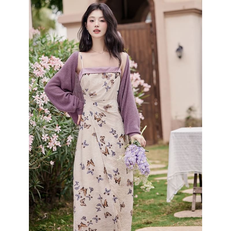 Plain Cardigan / Spaghetti Strap Butterfly Print Maxi