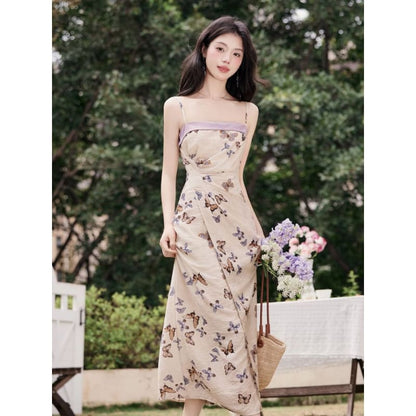 Plain Cardigan / Spaghetti Strap Butterfly Print Maxi