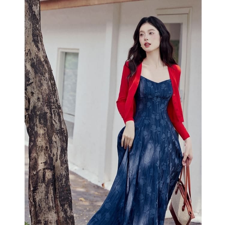 Plain Cardigan / Spaghetti Strap Floral Denim Maxi