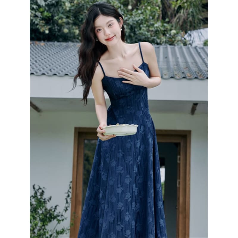 Plain Cardigan / Spaghetti Strap Floral Denim Maxi