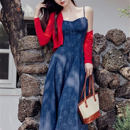 Plain Cardigan / Spaghetti Strap Floral Denim Maxi