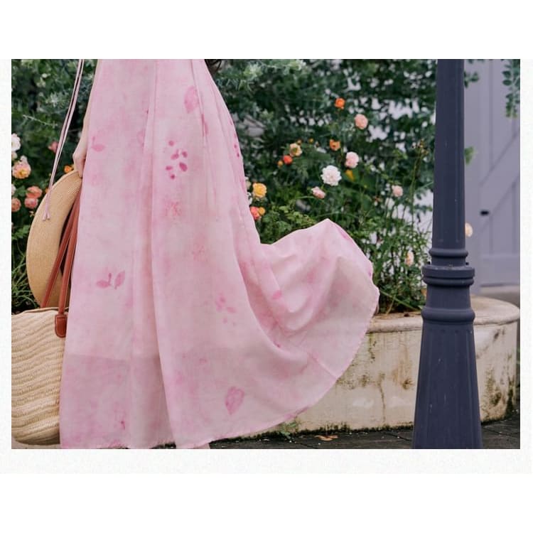 Plain Cardigan / Spaghetti Strap Floral Maxi A-Line Dress