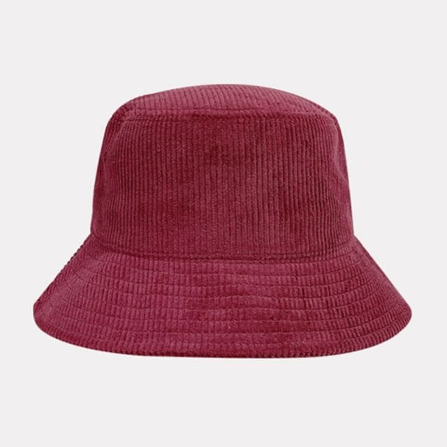 Plain Corduroy Bucket Hat - Wine Red / One Size - Hats