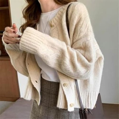 Plain Crew Neck Cardigan - Almond / One Size