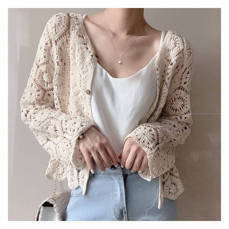 Plain Crop Crochet Knit Cardigan