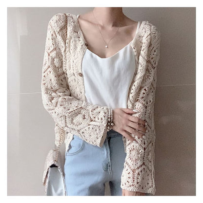 Plain Crop Crochet Knit Cardigan