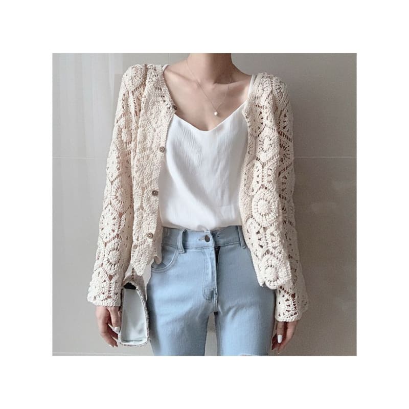 Plain Crop Crochet Knit Cardigan