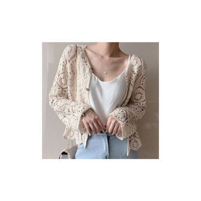 Plain Crop Crochet Knit Cardigan