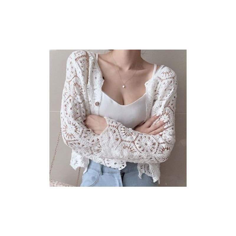 Plain Crop Crochet Knit Cardigan