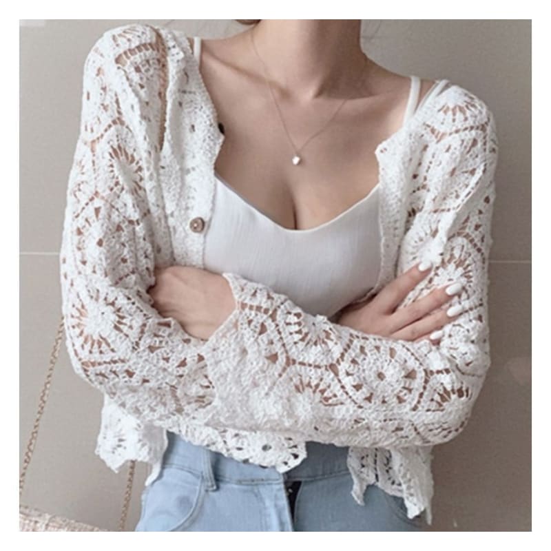 Plain Crop Crochet Knit Cardigan