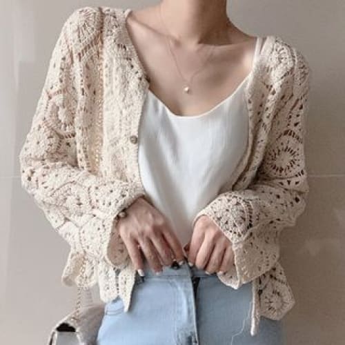 Plain Crop Crochet Knit Cardigan - Almond / One Size