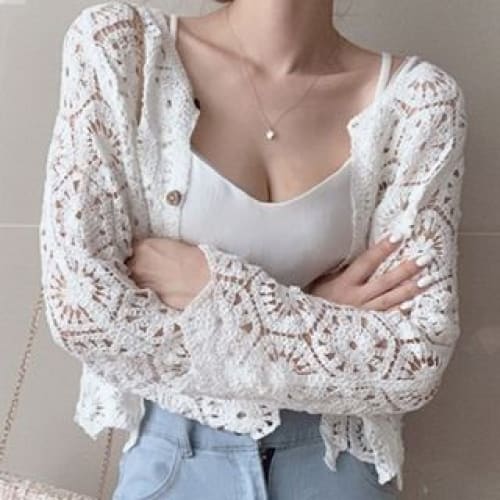 Plain Crop Crochet Knit Cardigan - White / One Size