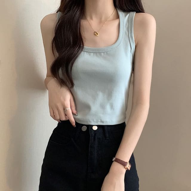 Plain Crop Tank Top - Light Blue / One Size