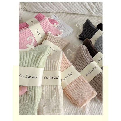 Plain Distressed Ribbed Socks Set