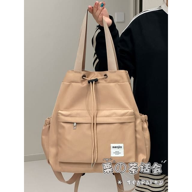 Plain Drawstring Backpack Tote - Brown / One Size