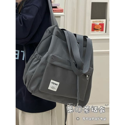 Plain Drawstring Backpack Tote - Gray / One Size